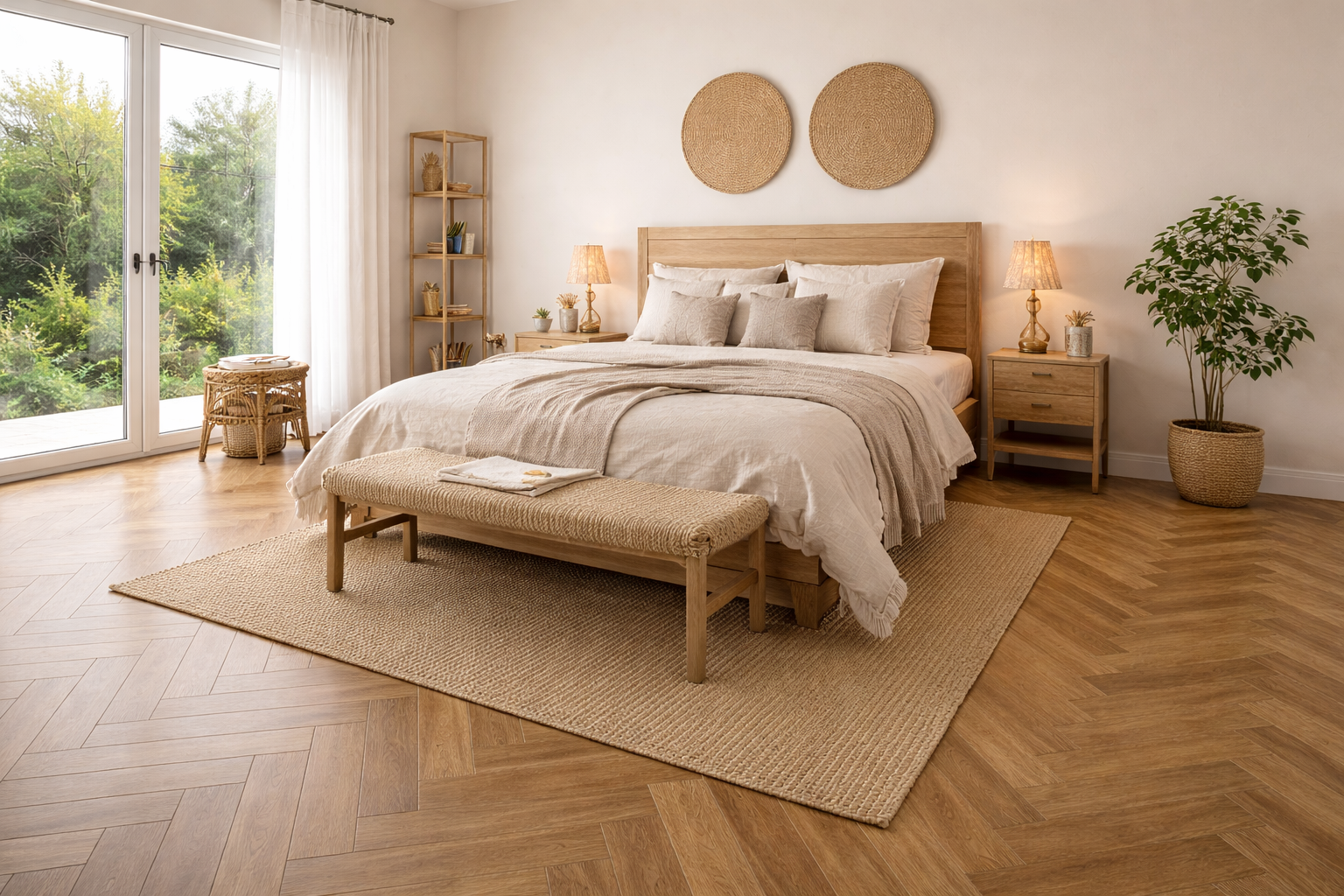 Kamar tidur dengan nuansa hangat natural, menggunakan lantai vinyl motif kayu dipasang pola tulang ikan (herringbone), dipadukan dengan furnitur kayu dan dekorasi netral yang menciptakan suasana nyaman dan elegan.