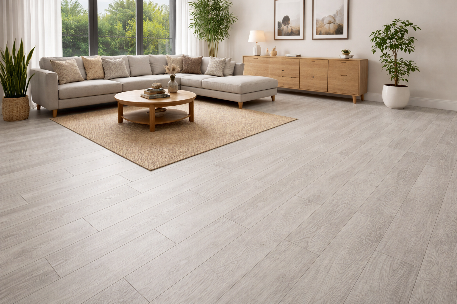 Ruang tamu modern dengan lantai vinyl motif kayu warna terang, dipasang pola lurus, dilengkapi sofa L minimalis, meja kayu, dan pencahayaan alami dari jendela besar.